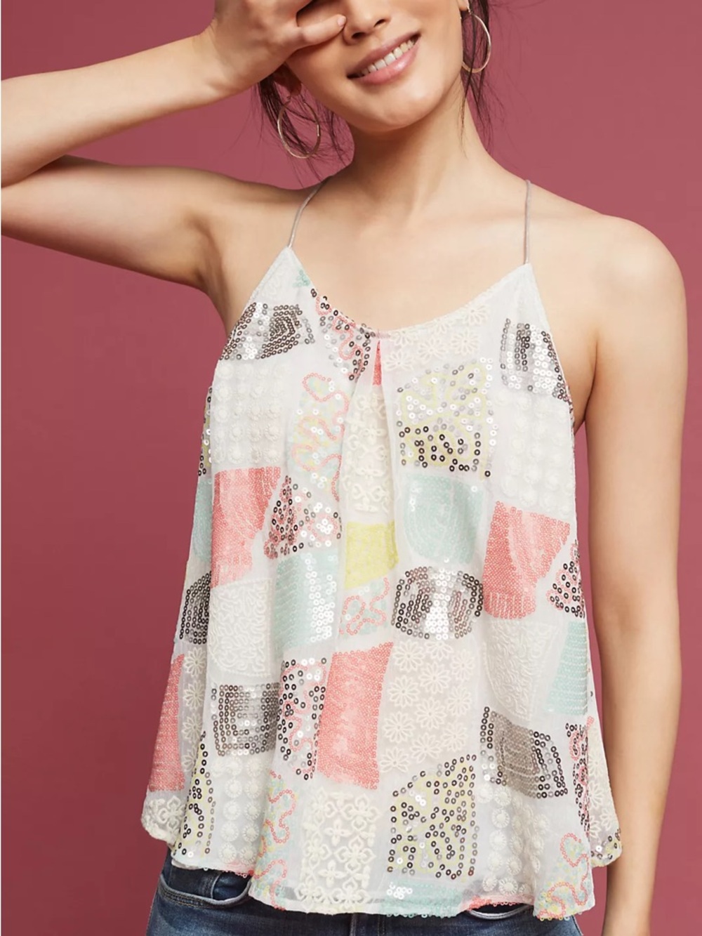 Floreat Anthropologie Louisa Boho Patchwork Embroidered Multi Pattern Tank Top